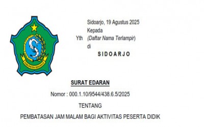 Surat Edaran Bupati Sidoarjo tentang Pembatasan Aktifitas Peserta Didik di Sidoarjo