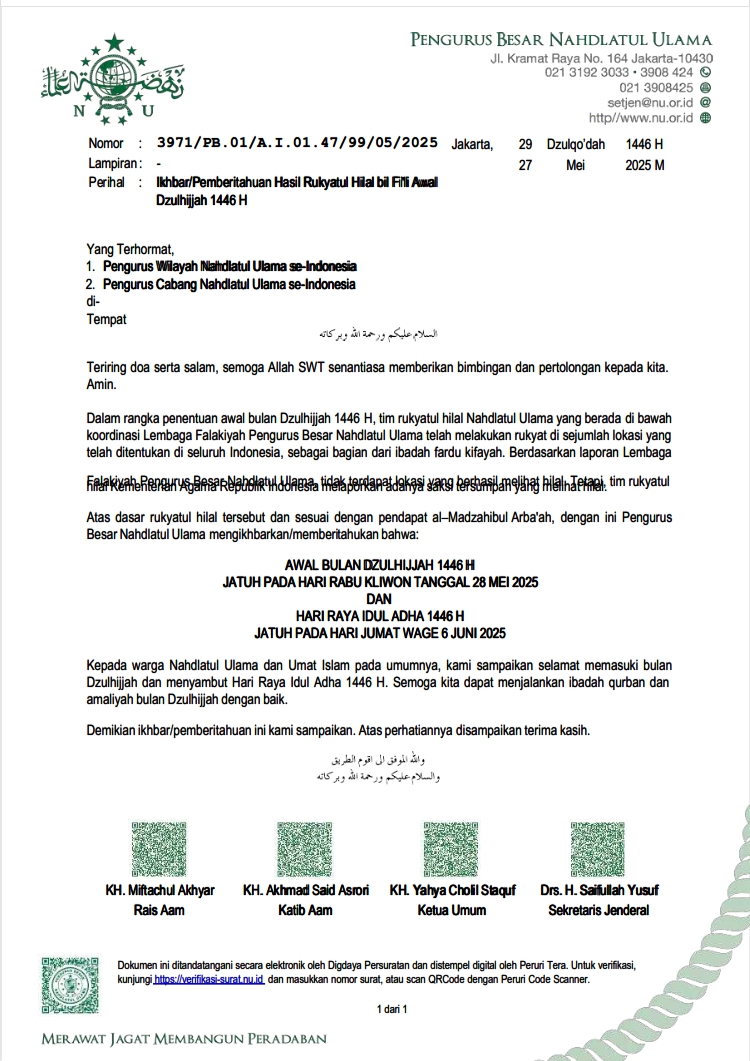 Pemberitahuan Hasil Rukyatul Hilal Bil Fi'li Awal Dzulhijjah 1446 H/2025 M
